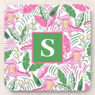 Alligator Wine Pink Green Monogram Preppy Coaster