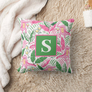 Alligator Wine Pink Green Monogram Preppy Cushion