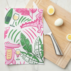 Alligator Wine Pink Green Preppy Tea Towel