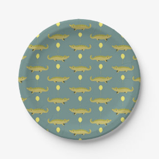 alligator with balloons printed grey paper plate