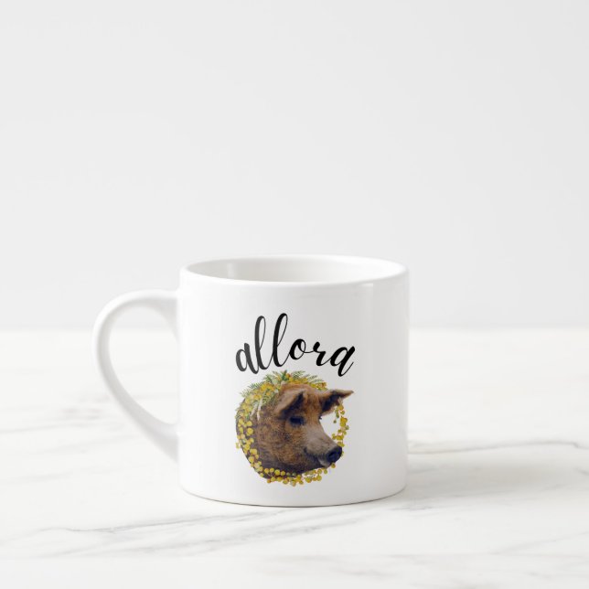 Allora (with a wooly pig & mimosa flower wreath) espresso cup (Left)
