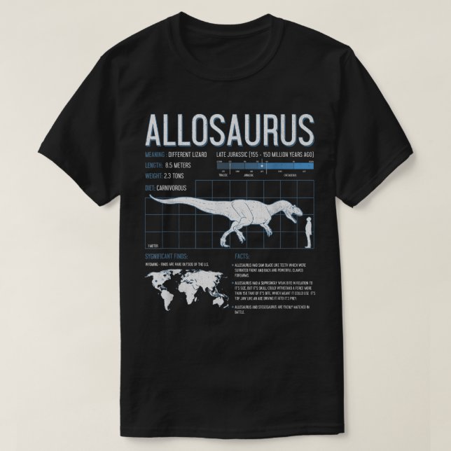 Allosaurus Dinosaur Facts T Shirt Mens Womens Kids (Design Front)
