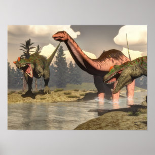 Allosaurus hunting big brontosaurus dinosaur poster