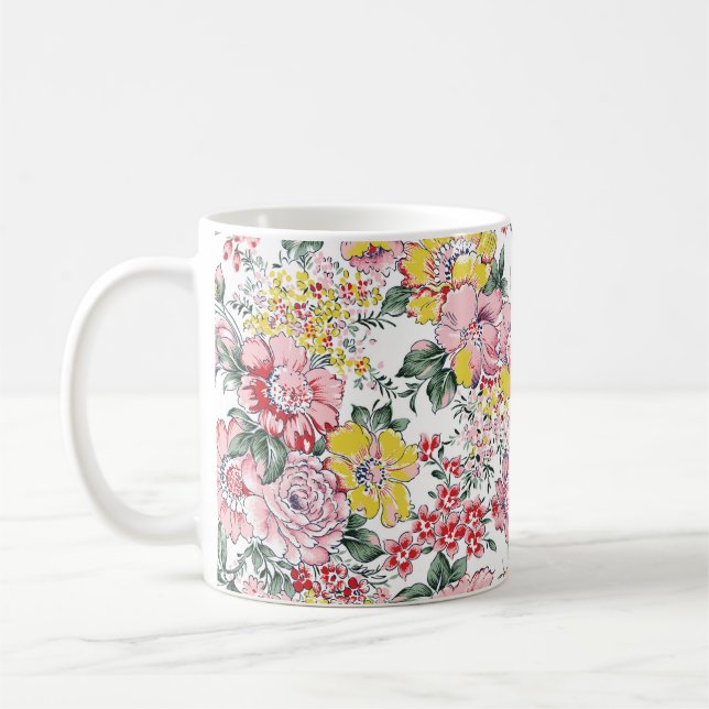 allover flowers pattern on white background coffee mug (Left)