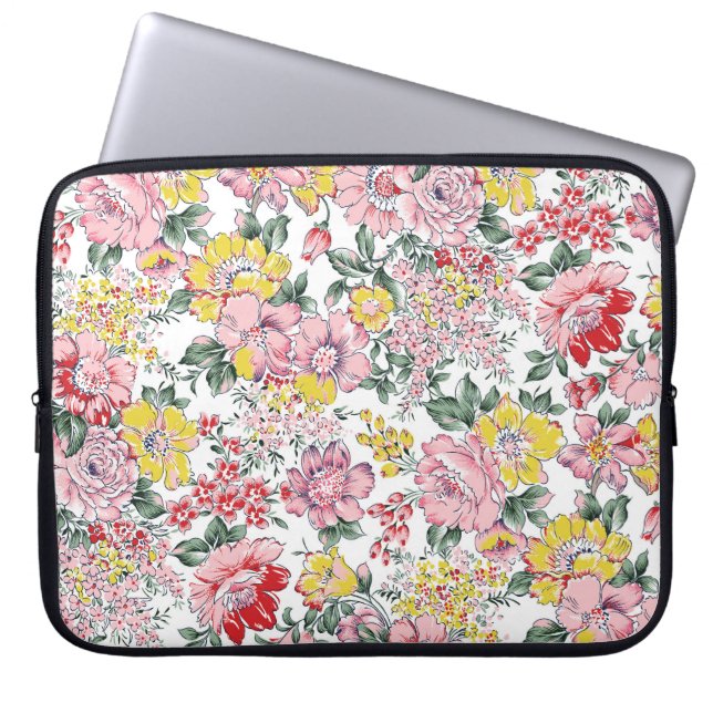 allover flowers pattern on white background laptop sleeve (Front)