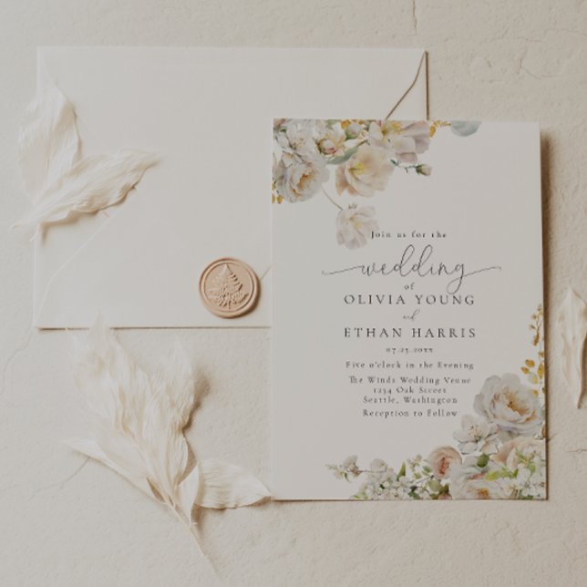 Allure - White Roses & Baby's Breath Wedding Invit Invitation (White roses and baby's breath with gold inlay)