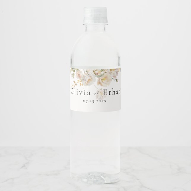 Allure - White Roses & Baby's Breath Wedding Water Bottle Label (Front)