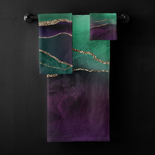 Alluring Agate | Dark Jewel Tone Stone Gold Veins Bath Towel Set (Creator Uploaded)