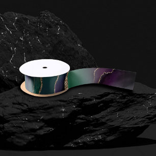 Alluring Agate   Dark Jewel Tone Stone Gold Veins Satin Ribbon