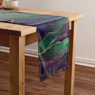 Alluring Agate Dark Jewel Tone Stone Gold Veins Short Table Runner