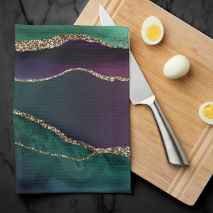 Alluring Agate Dark Jewel Tone Stone Gold Veins Tea Towel