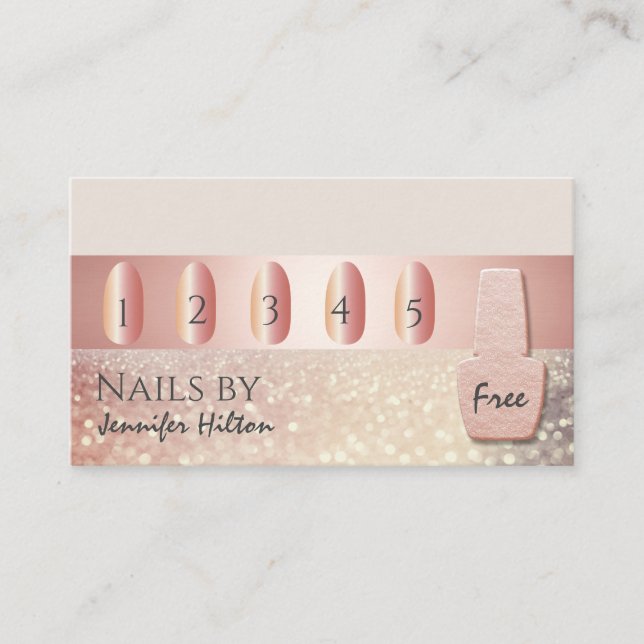 Alluring rose gold glittery nail salon business card (Front)