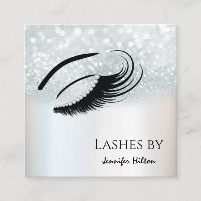 Alluring silver diamond lashes makeup eye square business card (Front)