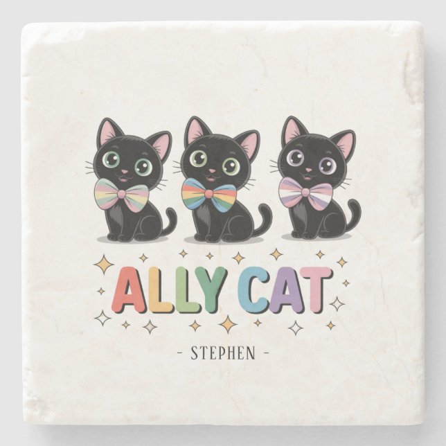 Ally Cat – Black Cat LGBTQ Pride Stone Coaster (Front)