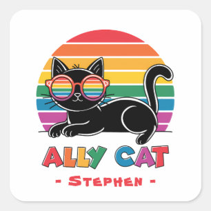 Ally Cat – Black Cat with Rainbow Sunglasses LGBTQ Square Sticker