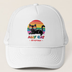 Ally Cat – Black Cat with Rainbow Sunglasses LGBTQ Trucker Hat