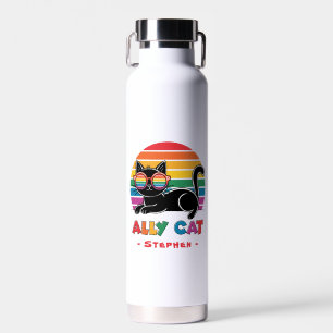 Ally Cat – Black Cat with Rainbow Sunglasses LGBTQ Water Bottle