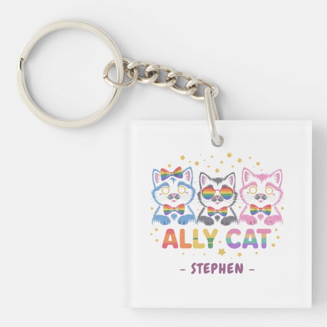Ally Cat – Cute Colourful Cat LGBTQ Pride Key Ring (Front)