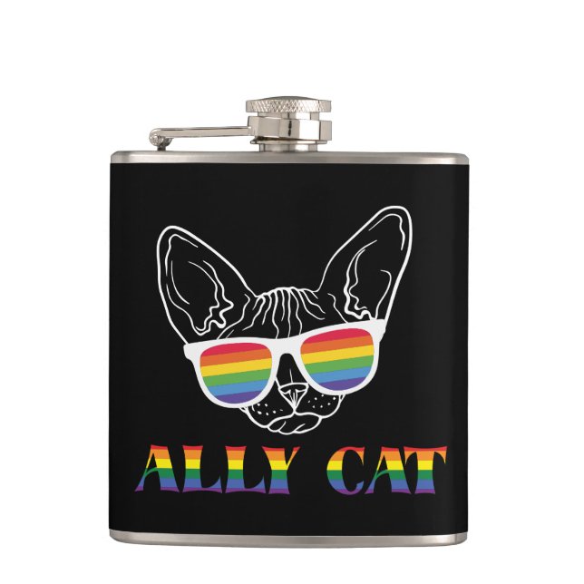 Ally Cat – Cute Pride Cat with Rainbow Sunglasses Hip Flask (Front)