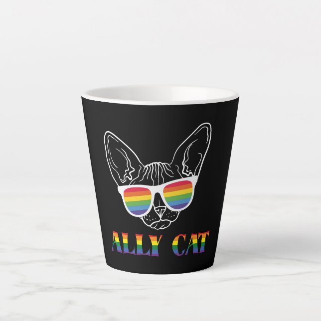 Ally Cat – Cute Pride Cat with Rainbow Sunglasses Latte Mug (Front)