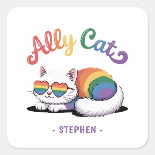 Ally Cat – Cute White Cat LGBTQ Pride (2) Square Sticker