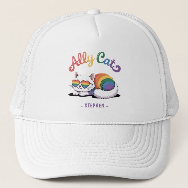 Ally Cat – Cute White Cat LGBTQ Pride (2) Trucker Hat (Front)