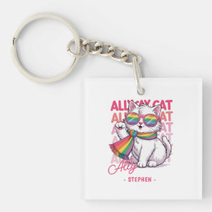 Ally Cat – Cute White Cat LGBTQ Pride Key Ring