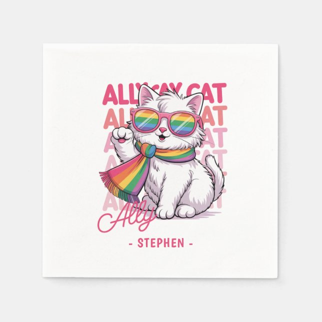 Ally Cat – Cute White Cat LGBTQ Pride Napkin (Front)