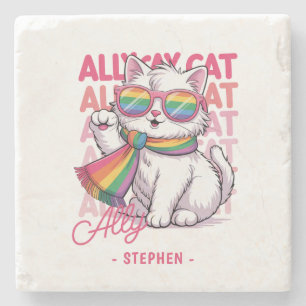 Ally Cat – Cute White Cat LGBTQ Pride Stone Coaster