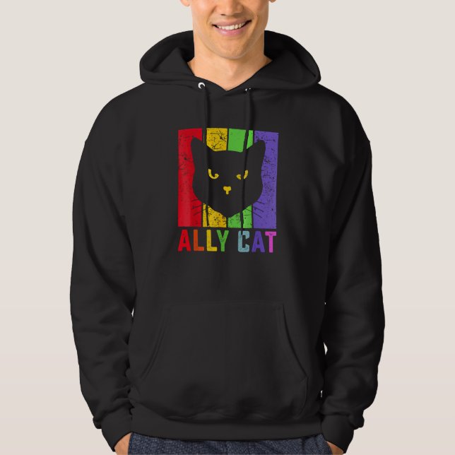 Ally Cat LGBT Gay Rainbow Pride Flag  Cat Hoodie (Front)