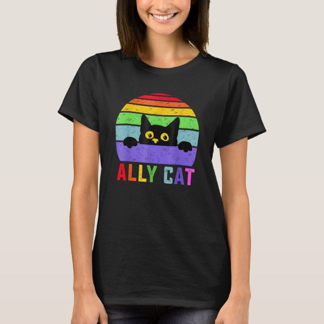 Ally Cat LGBT Gay Rainbow Pride Flag  Cat T-Shirt (Front)
