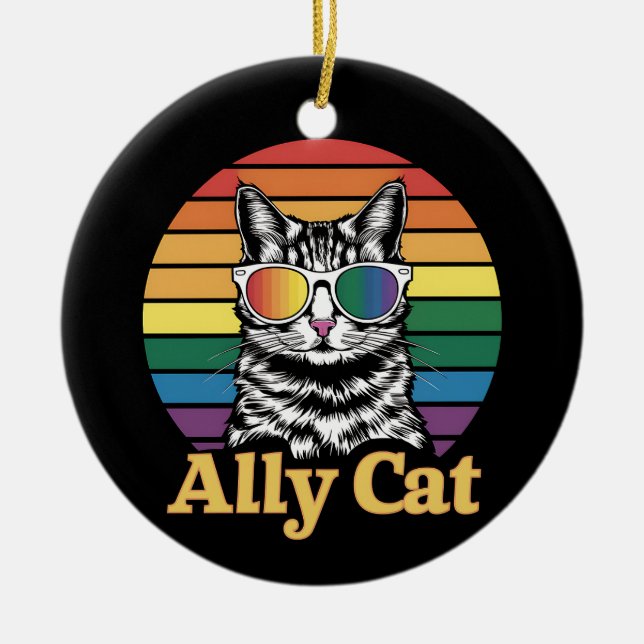 Ally Cat LGBT Rainbow Flag LGBTQ Gift Ceramic Ornament (Front)