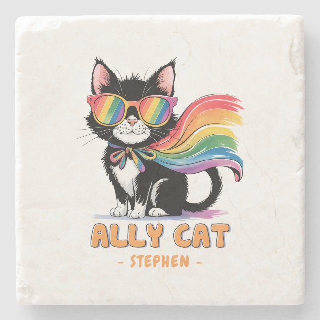 Ally Cat – Rainbow Cat LGBTQ Pride Stone Coaster (Front)