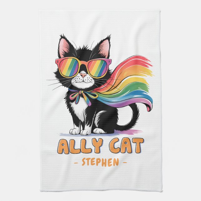 Ally Cat – Rainbow Cat LGBTQ Pride Tea Towel (Vertical)