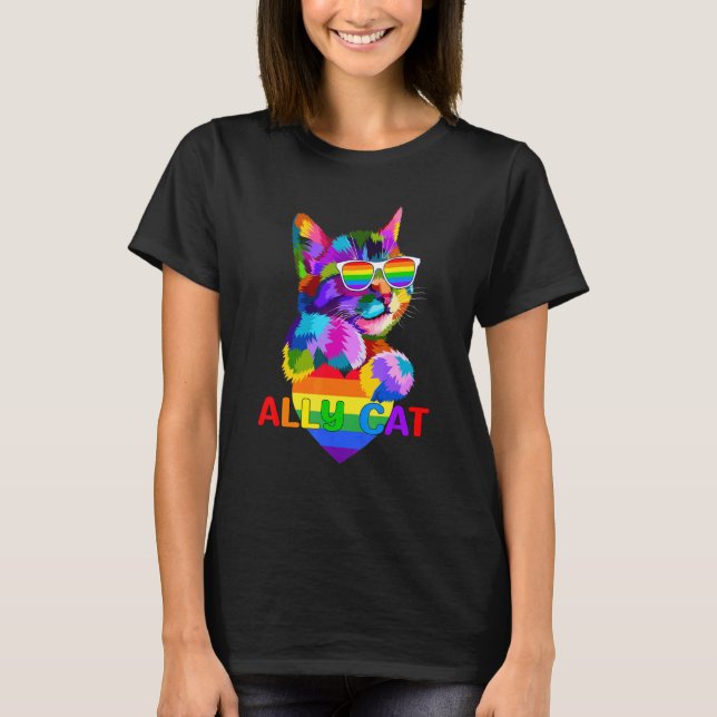 Ally Cat Rainbow Flag Heart For Lgbt Gay And Lesbi T-Shirt (Front)