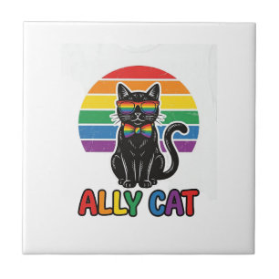 Ally Cat Rainbow Pride Vintage Cat Shirt Design_1 Ceramic Tile