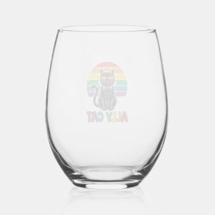 Ally Cat Rainbow Pride Vintage Cat Shirt Design_1 Stemless Wine Glass