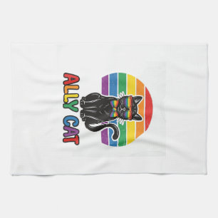 Ally Cat Rainbow Pride Vintage Cat Shirt Design_1 Tea Towel