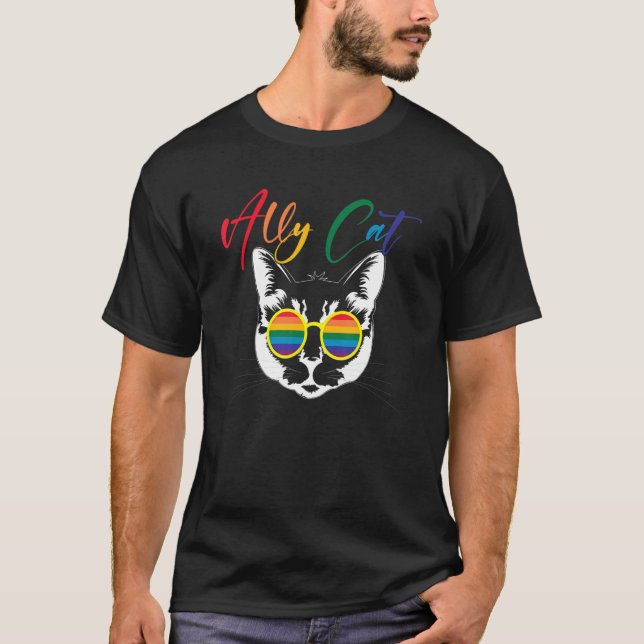 Ally Cat Rainbow Sunglasses Gay Pride T-Shirt (Front)
