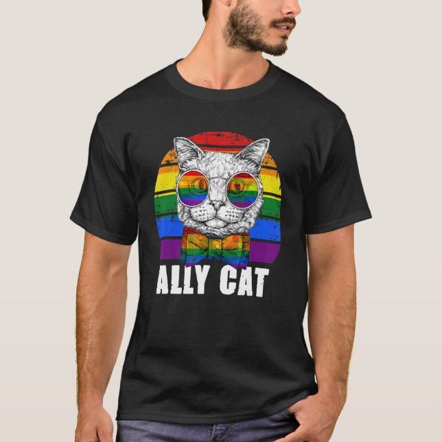 Ally Cat Rainbow Sunglasses Lgbt Gay Pride Kitty T-Shirt (Front)
