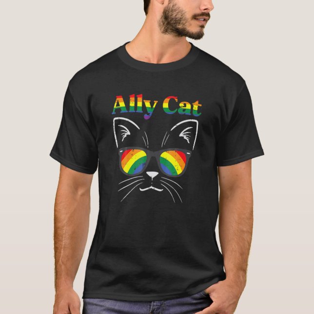 Ally Cat Sunglasses Gay Rainbow Pride Lgb Support  T-Shirt (Front)