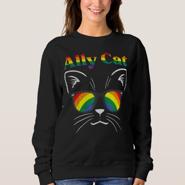 Ally Cat Sunglasses Gay Rainbow Pride LGBT Support Sweatshirt (Front)