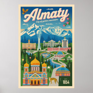 Almaty Kazakhstan Retro Travel Poster Art