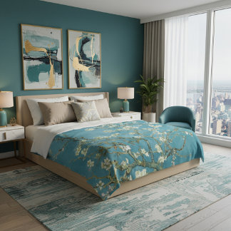 Almond Blossom Floral Boho Blue Classic Art Fleece Blanket