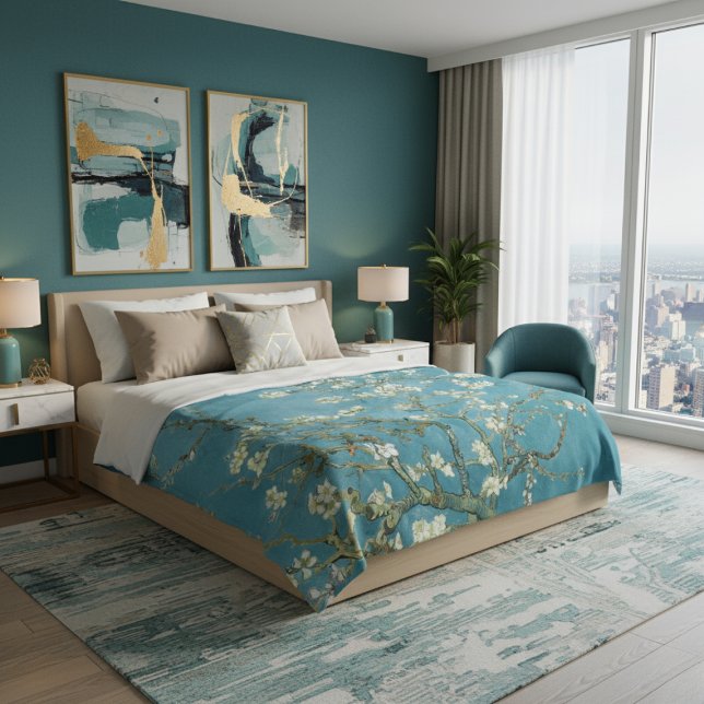  Almond Blossom Floral Boho Blue Classic Art Fleece Blanket (Creator Uploaded)