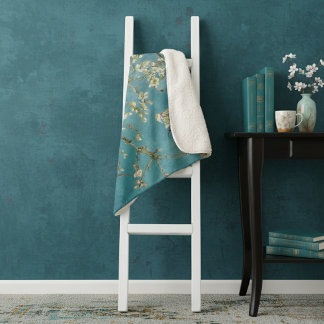 Almond Blossom Floral Boho Blue Classic Art Sherpa Blanket