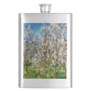 Almond Blossom Pointillism Dot Art Painting Hip Flask