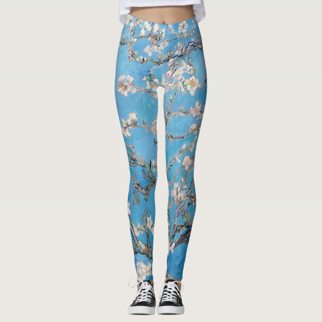 Almond Blossoms Blue Vincent van Gogh Art Painting Leggings (Front)
