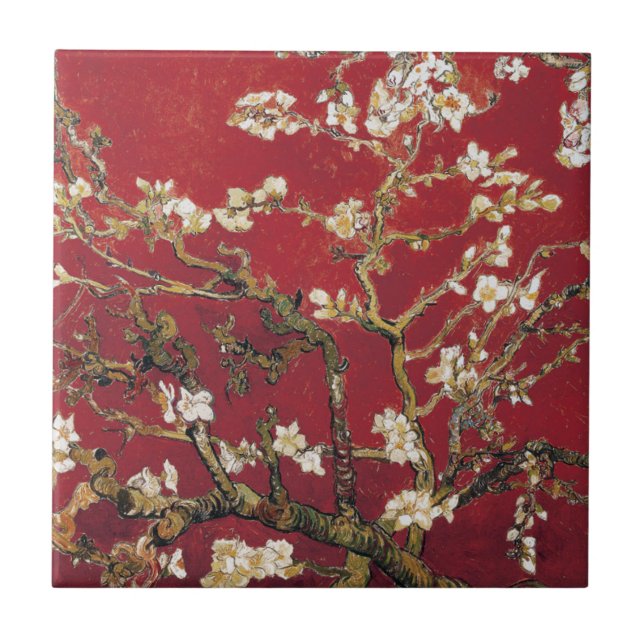 Almond Blossoms Red Vincent van Gogh Art Painting Ceramic Tile (Front)