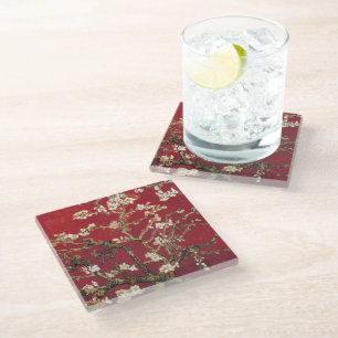 Almond Blossoms Red Vincent van Gogh Art Painting Glass Coaster